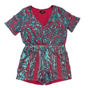 Lucky & Blessed Pink Teal Sequin Romper V-Neck Short Sleeve XL SZ-2569 W533